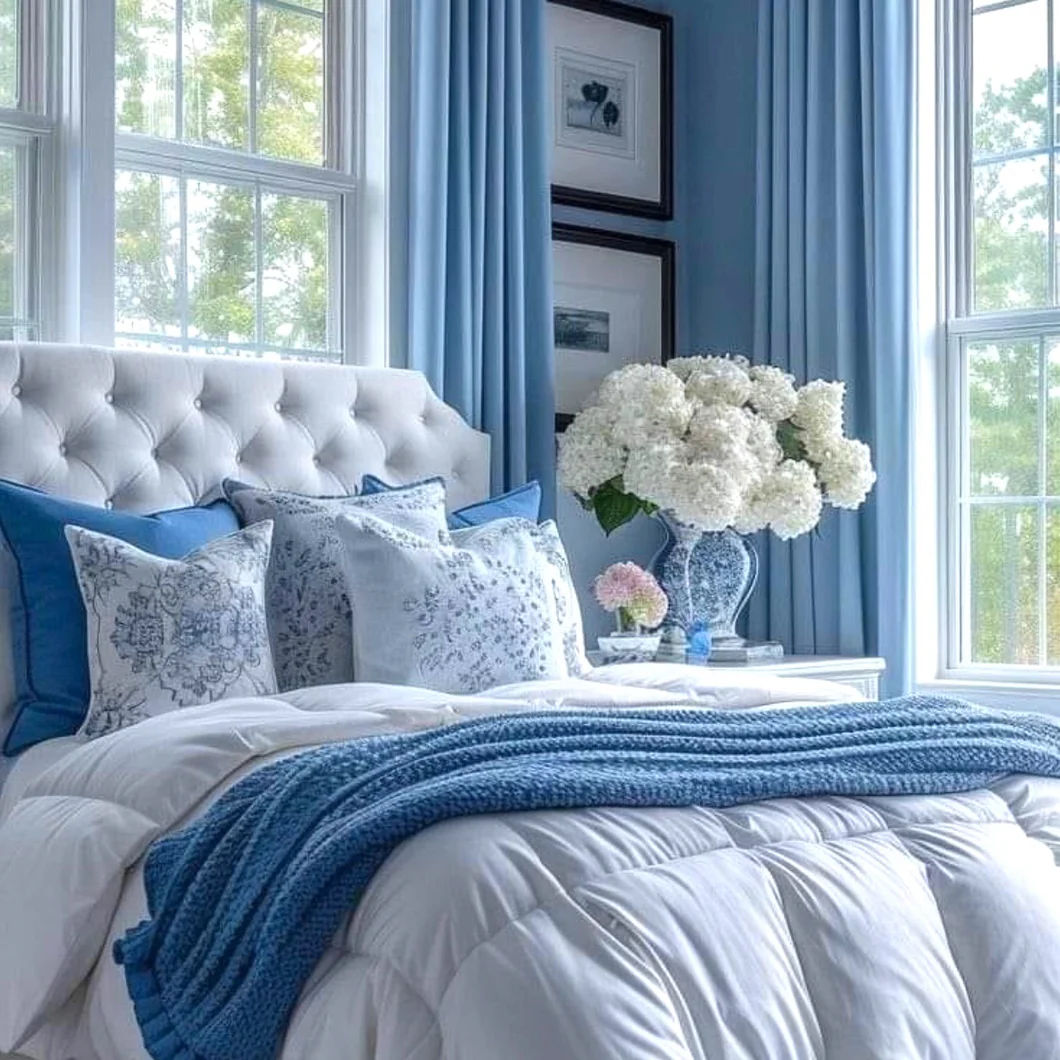A soft blue bedroom styled for a listing by s'arrange